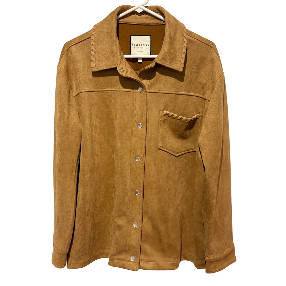 New Bagatelle Collection Faux Suede Whipstitch Snap Front Shirt Jacket Tan Large
